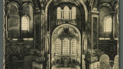 Black and white image of the Basilica of San Vitale, Ravenna, on a postcard.